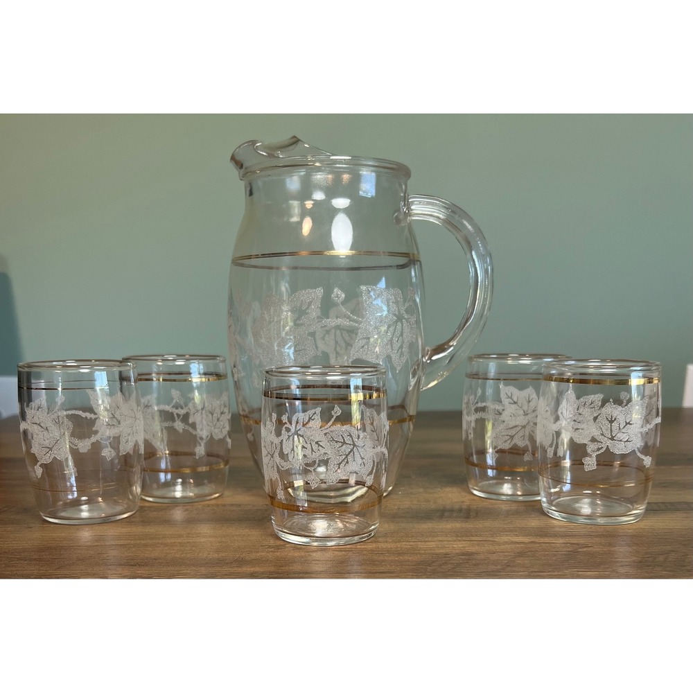 Vintage Frosted Ivy Glass Pitcher and 5 Tumbler Set Gold Trim Mid Century Modern